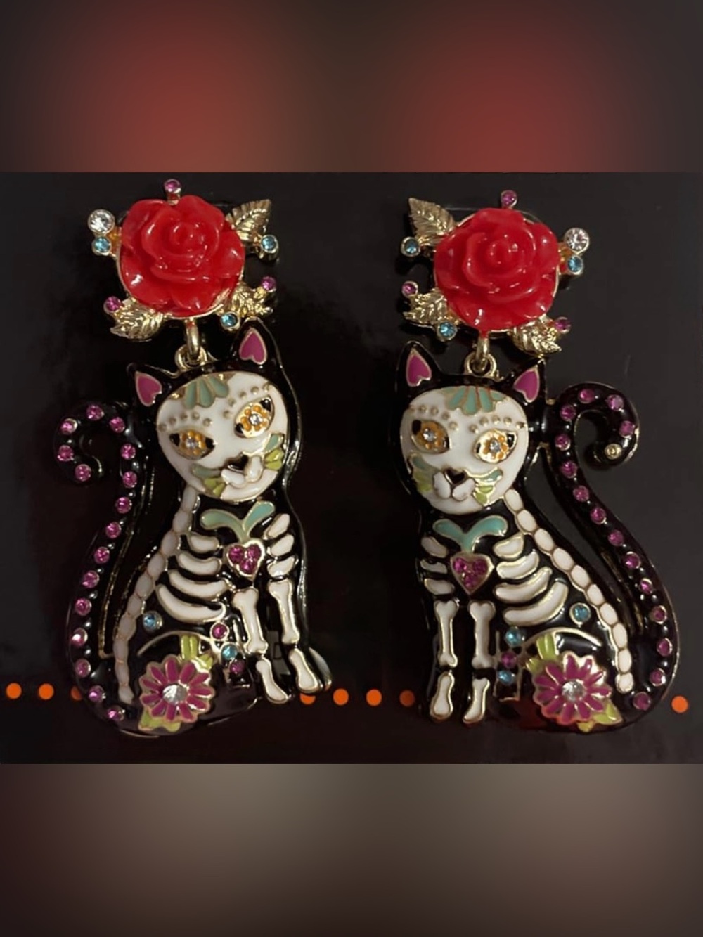 ❤️ Day of the Dead Cat Skeleton Earrings Red Rose Rhinestone Dangle Jewelry